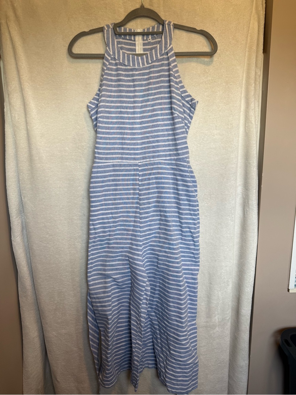 Blue and White Striped Sleeveless Jumpsuit